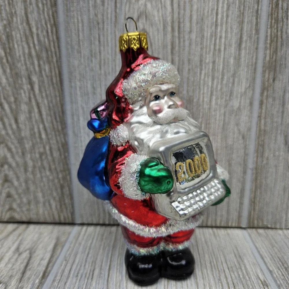 Slavic Treasures‎ 2000 Santa With Computer Glass Ornament Glitter Detail Y2K